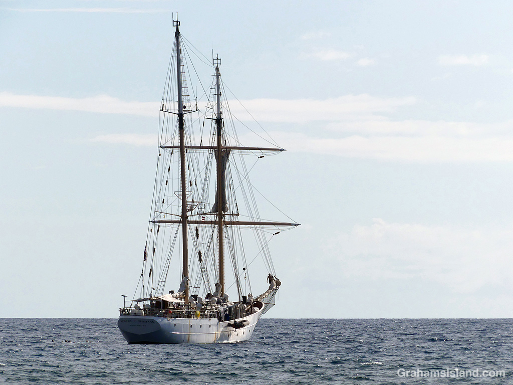 The Robert C. Seamans schooner anchored off Kawaihae Harbor, Hawaii