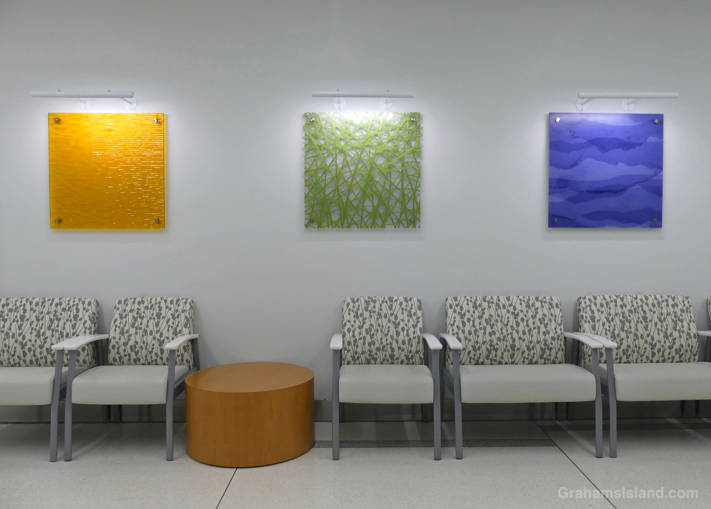 Art and chairs in the waiting room of Hilo Benioff Medical Center in Hawaii