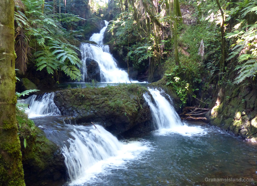 A view of Onomea Waterfalls at Hawaii Tropical Botanical Gardens near HIlo, Hawaii