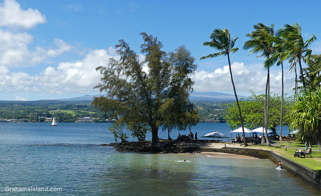A view from the bridge to Coconut Island in Hilo, Hawaii
