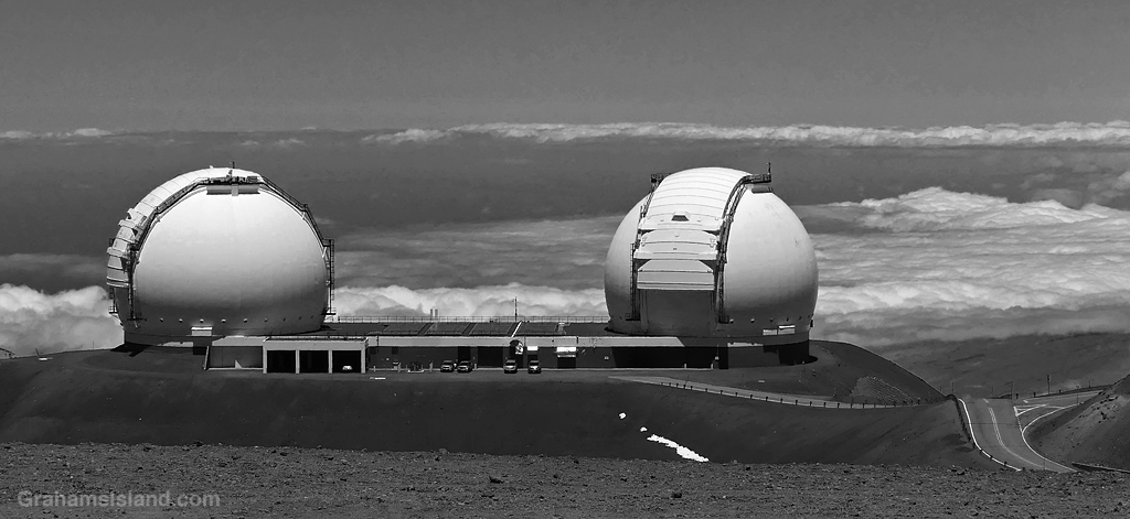 Black and white image of the Keck telescopes on Mauna Kea in Hawaii