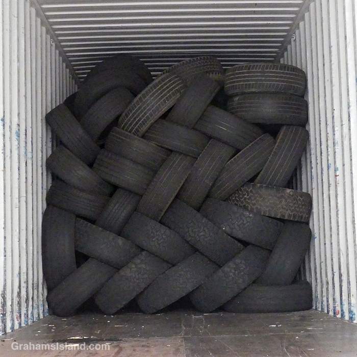 Tires stacked in a shipping container in Hawaii