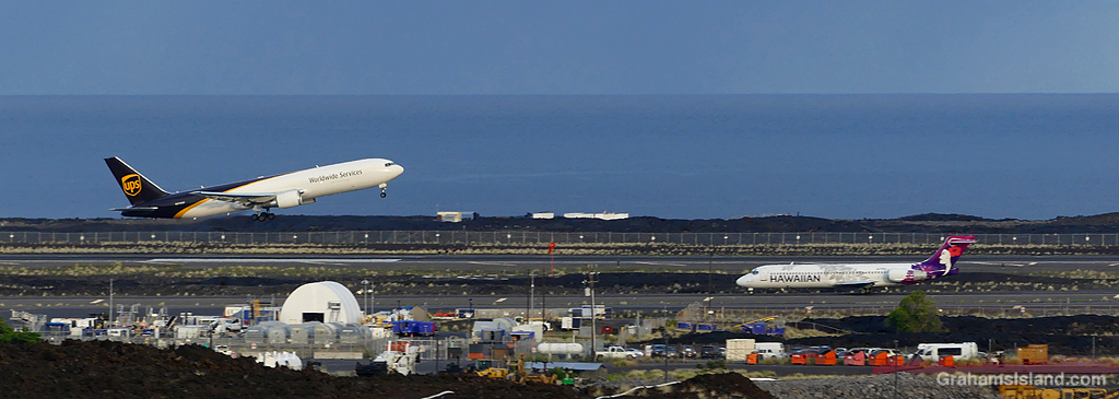 A UPS plane takes off from Kailua Kona airport, Hawaii