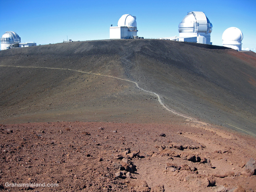 Telescopes seen from the trail to Mauna Kea summit in Hawaii