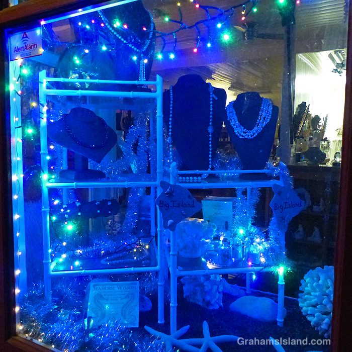 A window display at Old Hawaiian Trading Company window in Kapaau, Hawaii