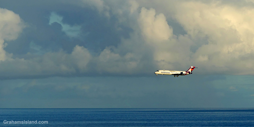 An Hawaiian Airlines plane lands at the airport in Kailua Kona, Hawaii