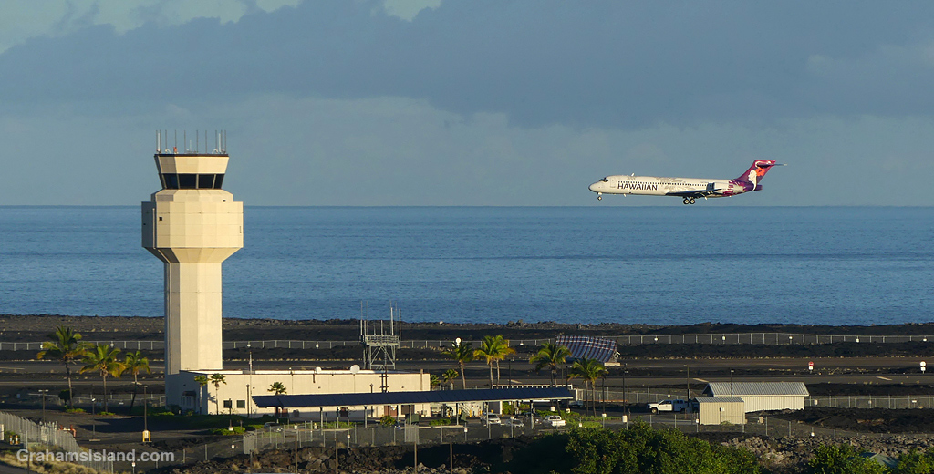 An Hawaiian Airlines plane lands at the airport in Kailua Kona, Hawaii