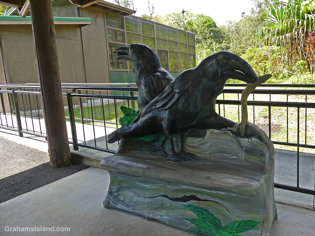 A bench representing Hawaiian crows at Pana'ewa Rainforest Zoo, in Hilo, Hawaii
