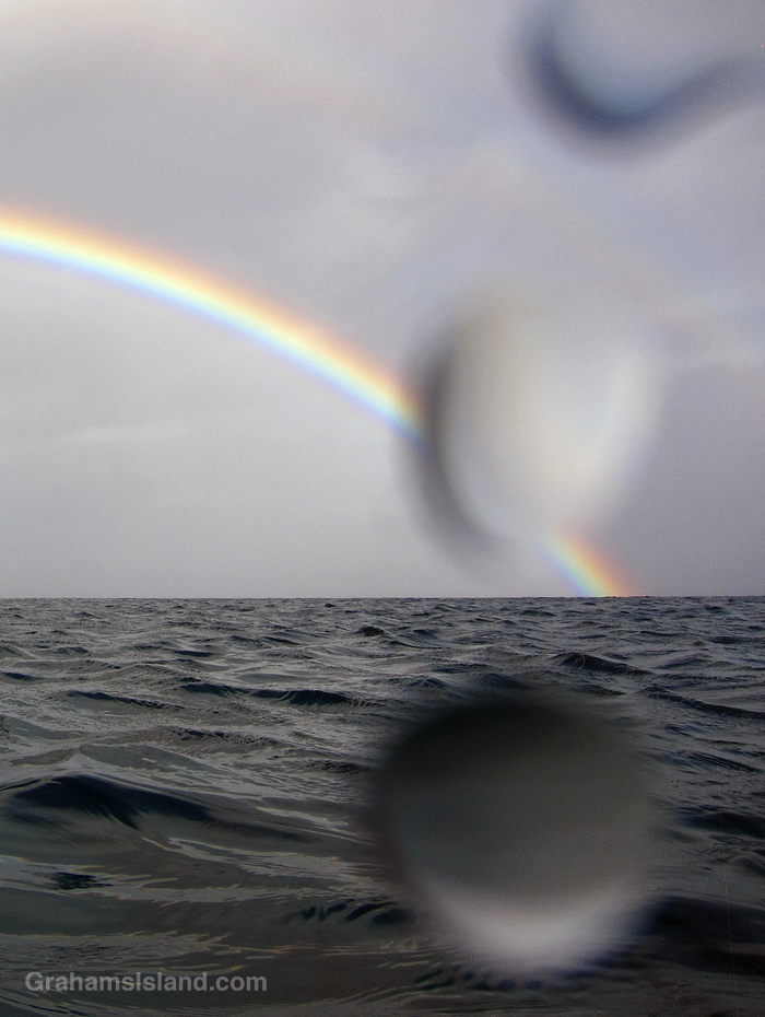 Water drops on a view of a rainbow from the water in Hawaii.