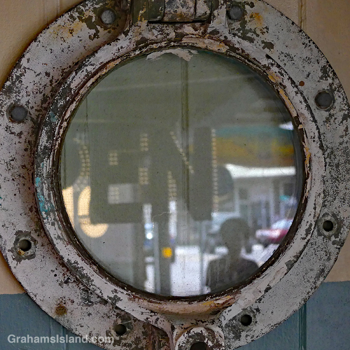 A porthole on the wall of Mohala’s Bayfront Fish & Chips restaurant in Hilo, Hawaii