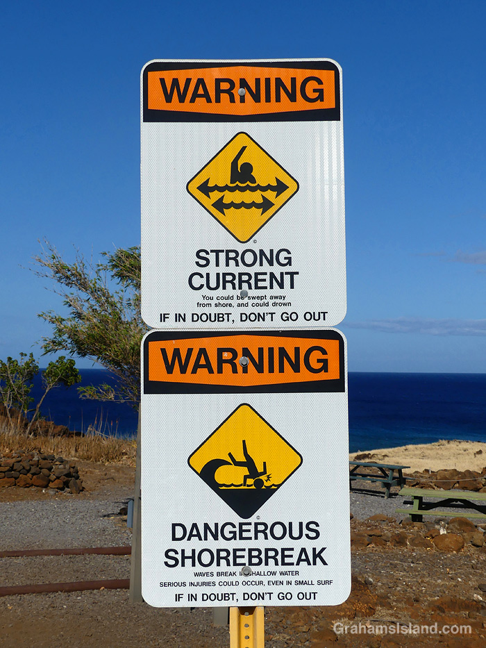 Warning signs at Lapakahi State Historical Park in Hawaii